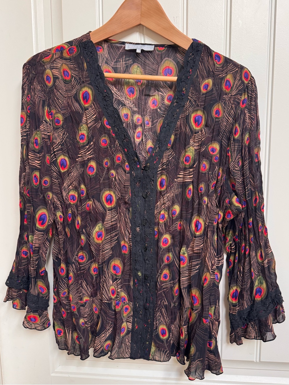 Violet and Claire Black Lace Trimmed Peacock Design Sheer Blouse. XXL